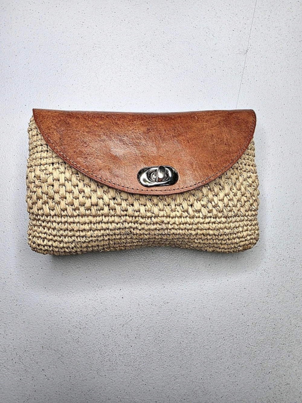 Woven Rafia Clutch in Brown & Beige With Leather Flap